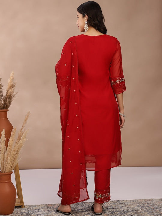 Fabmora Women Embroidered Regular Thread Work Kurta with Trousers & With Dupatta