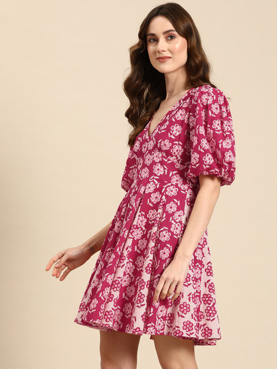 Anayna Floral Print Puff Sleeves Fit & Flare Mini Dress