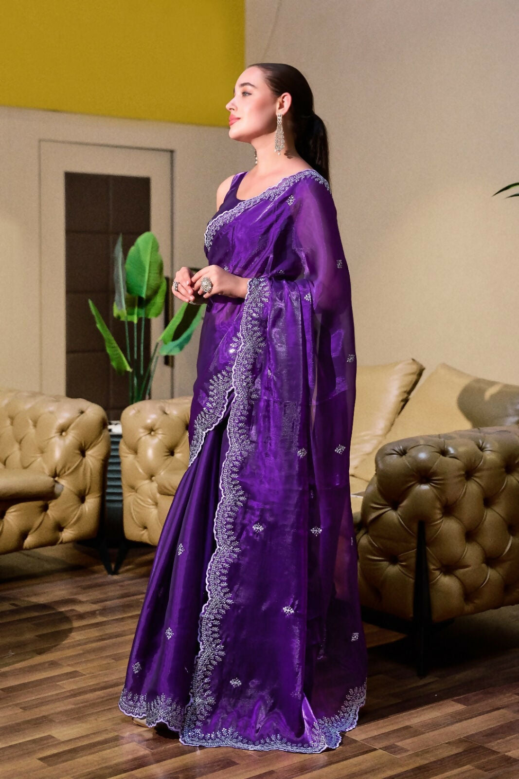 Vastranavya Purple-Blue Embroidery Work Shimmer Chiffon Saree with Unstitched Blouse