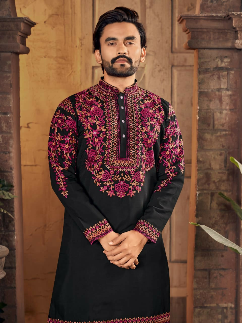 Anaita Black Multi Thread Work Silk Straight Kurta