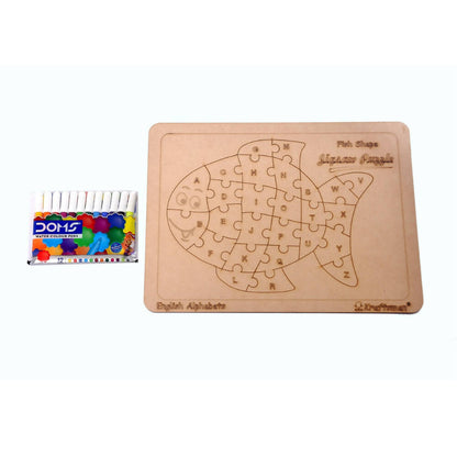 Kraftsman English Alphabets Wooden Jigsaw Puzzles Fish Shape Puzzle | Color Kit Included