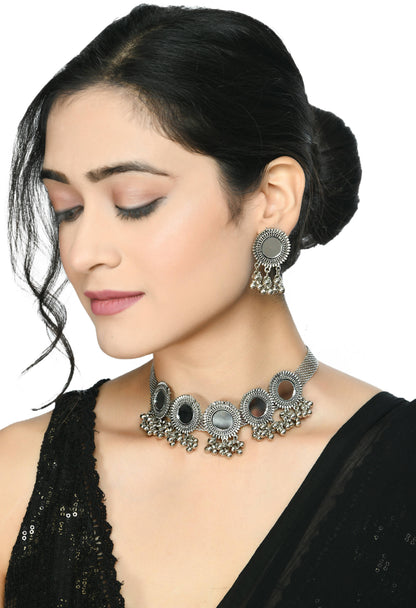 Mominos Fashion Johar Kamal Silver-Plated Brass Finish Mirror Work Women Choker