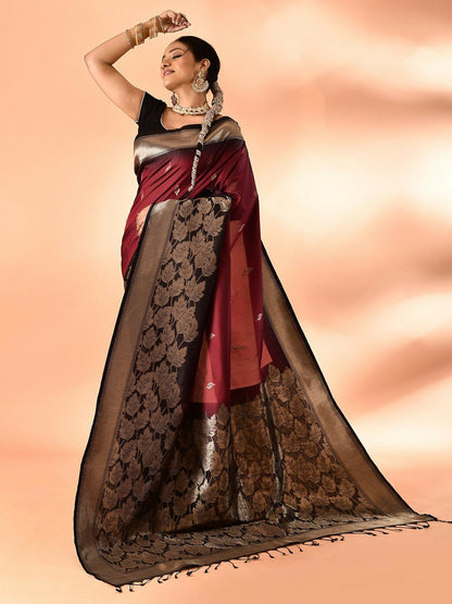 Joban Fashion Maroon & Black Plain With Weaving Border Banarasi Silk Sarees