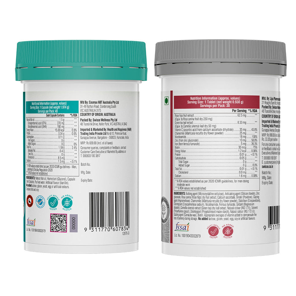 Swisse Fish Oil Omega 3 - 1500mg & Biotin+ Biotin Tablets Combo