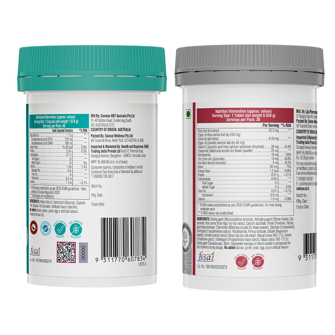 Swisse Fish Oil Omega 3 - 1500mg & Biotin+ Biotin Tablets Combo