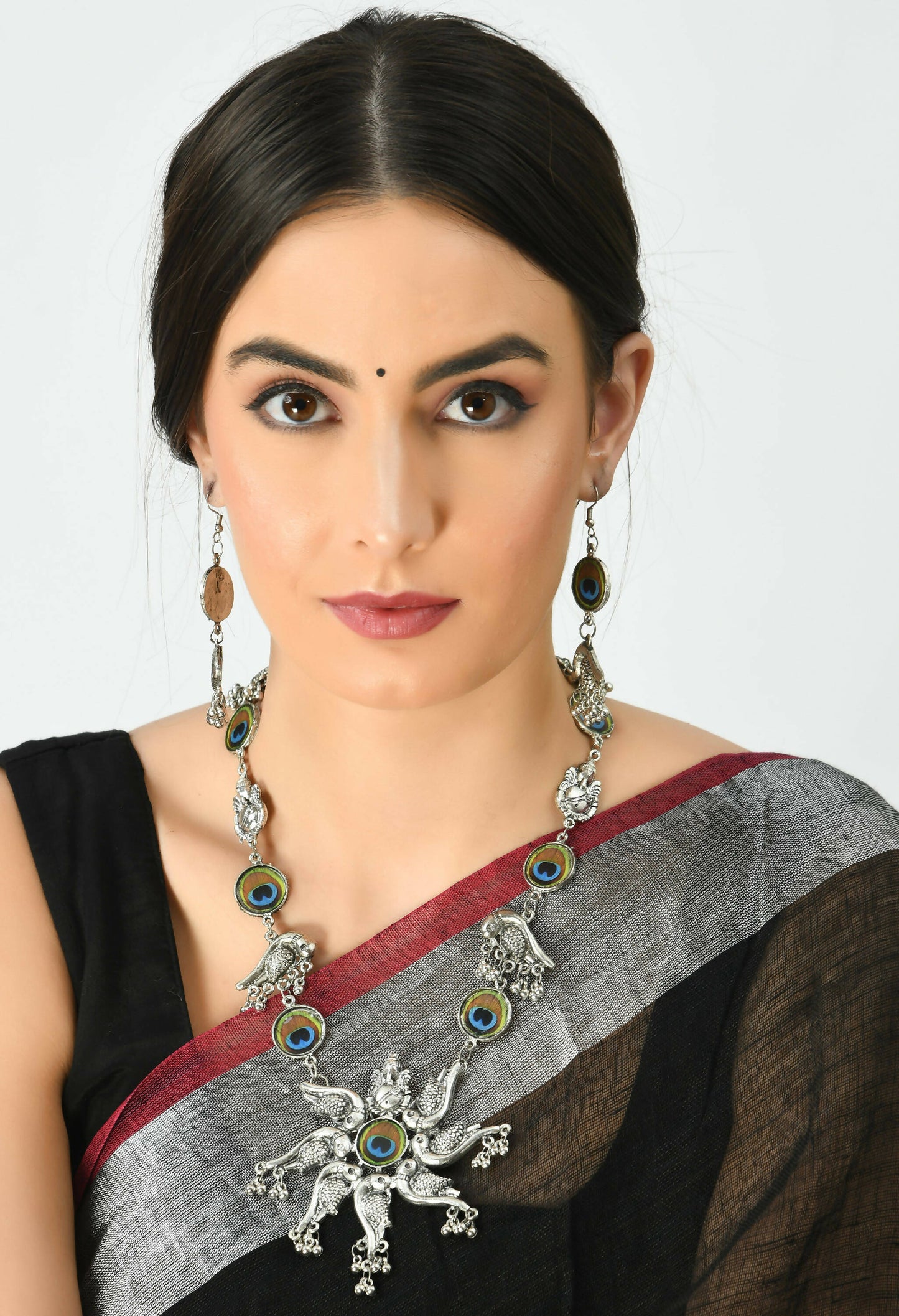 Mominos Fashion Johar Kamal Oxidised Silver-Plated Brass Finish Peacock Design Long Necklace Set For Women