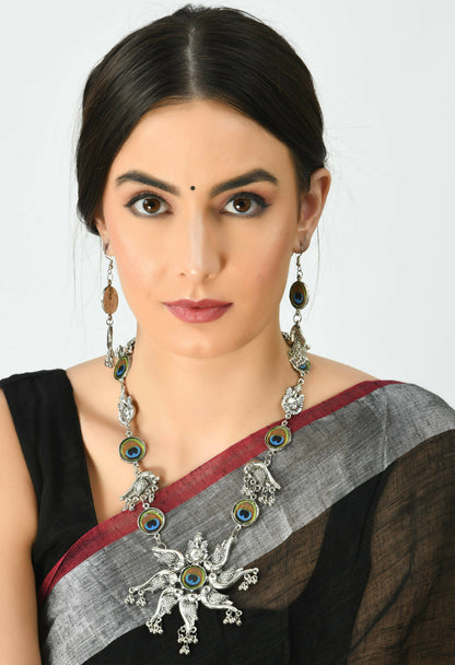 Mominos Fashion Johar Kamal Oxidised Silver-Plated Brass Finish Peacock Design Long Necklace Set For Women