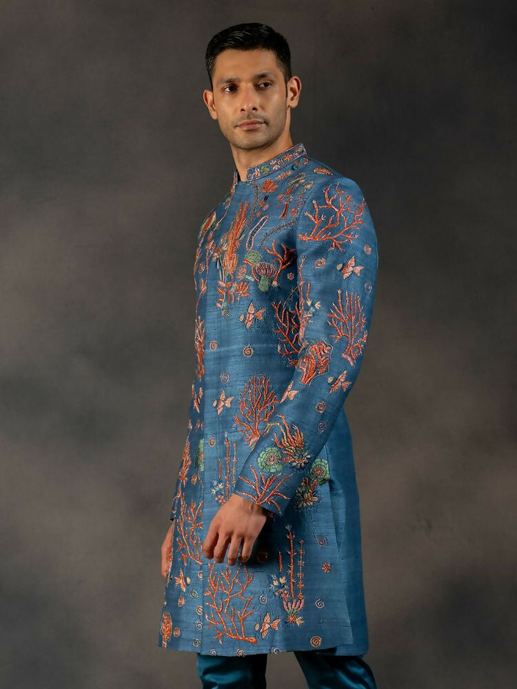 Navy Blue Coral Voyage Hand Embroidered Indowestern Sherwani by Hilo Design