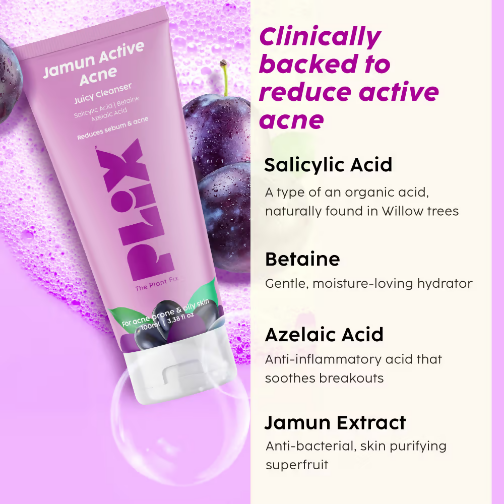 PLIX The Plant Fix Jamun Active Acne Regime - Cleanser, Acne Mark Serum, Moisturizer & Body Wash For Women & Men