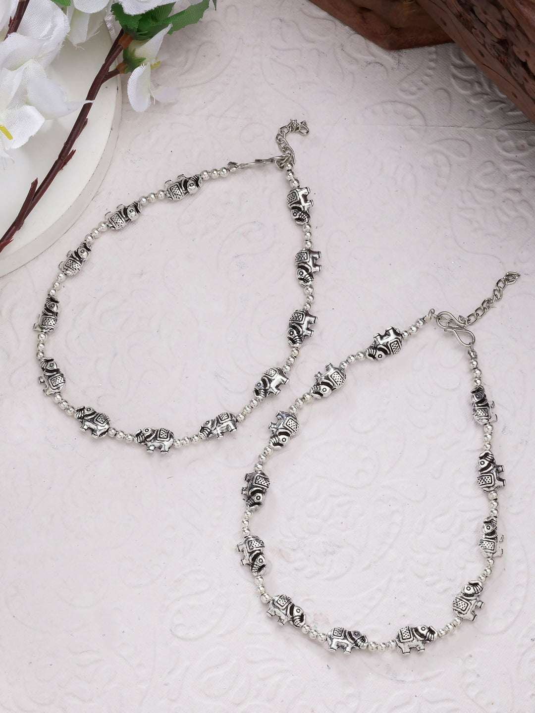 NVR Women's Set of 2 Silver-Plated Elephant Design Anklets