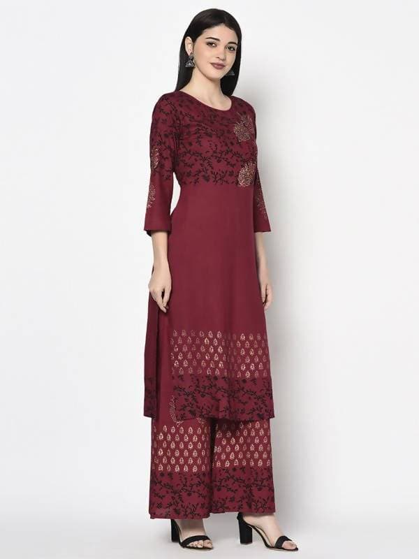 Aniyah Rayon Maroon Color Block Print Straight Kurta Palazzo Set (AN-184K)