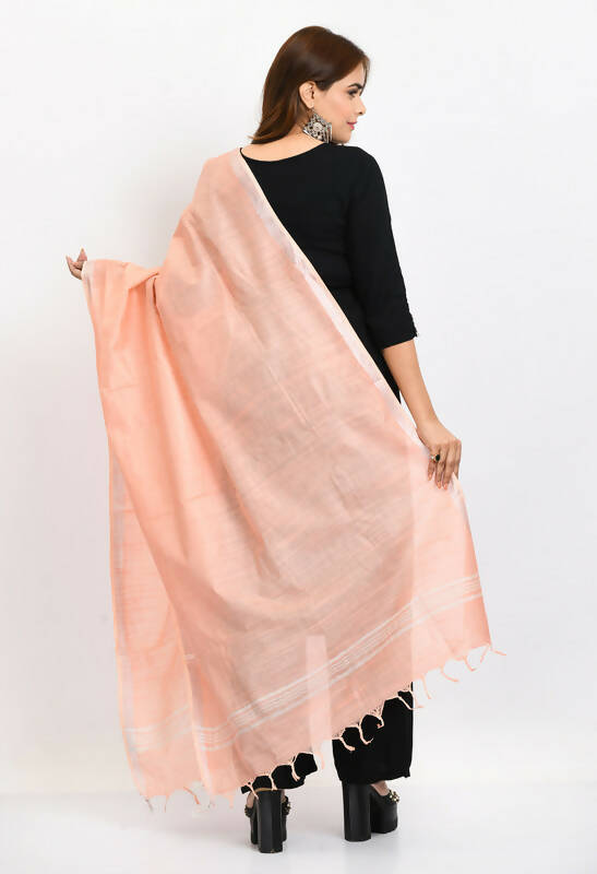 Mominos Fashion Moeza Women's Linen Cotton Silver Border Peach Dupatta