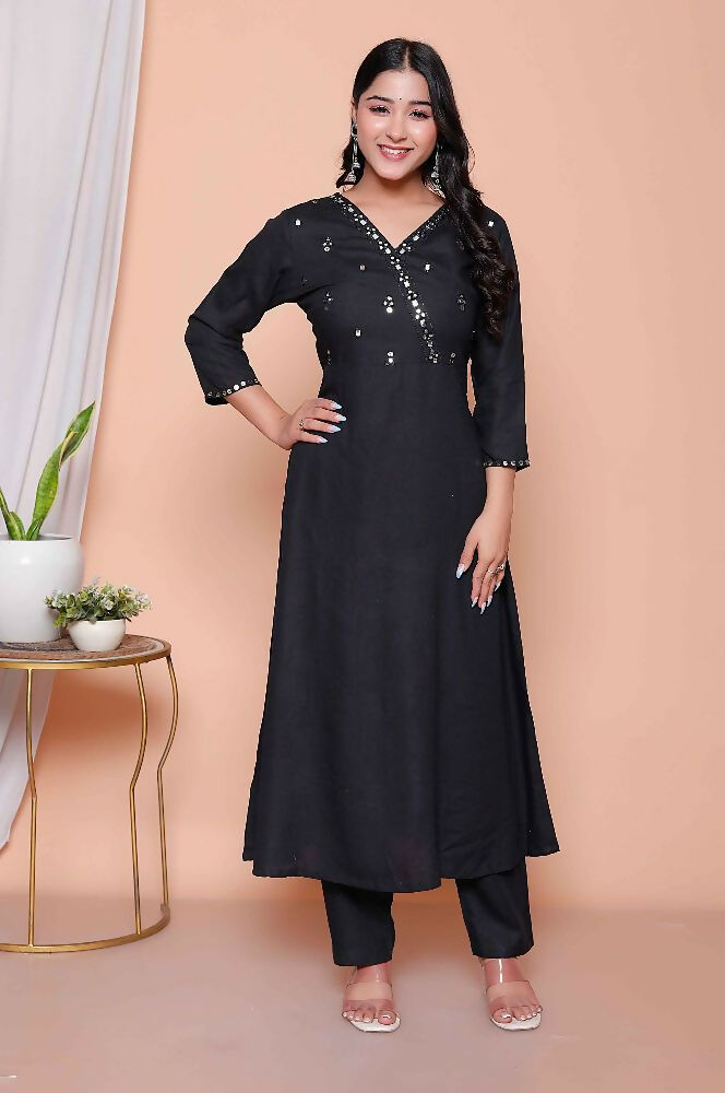 Miravan Womens Black Mirror Work Angrakha Kurta And Palazzo Set