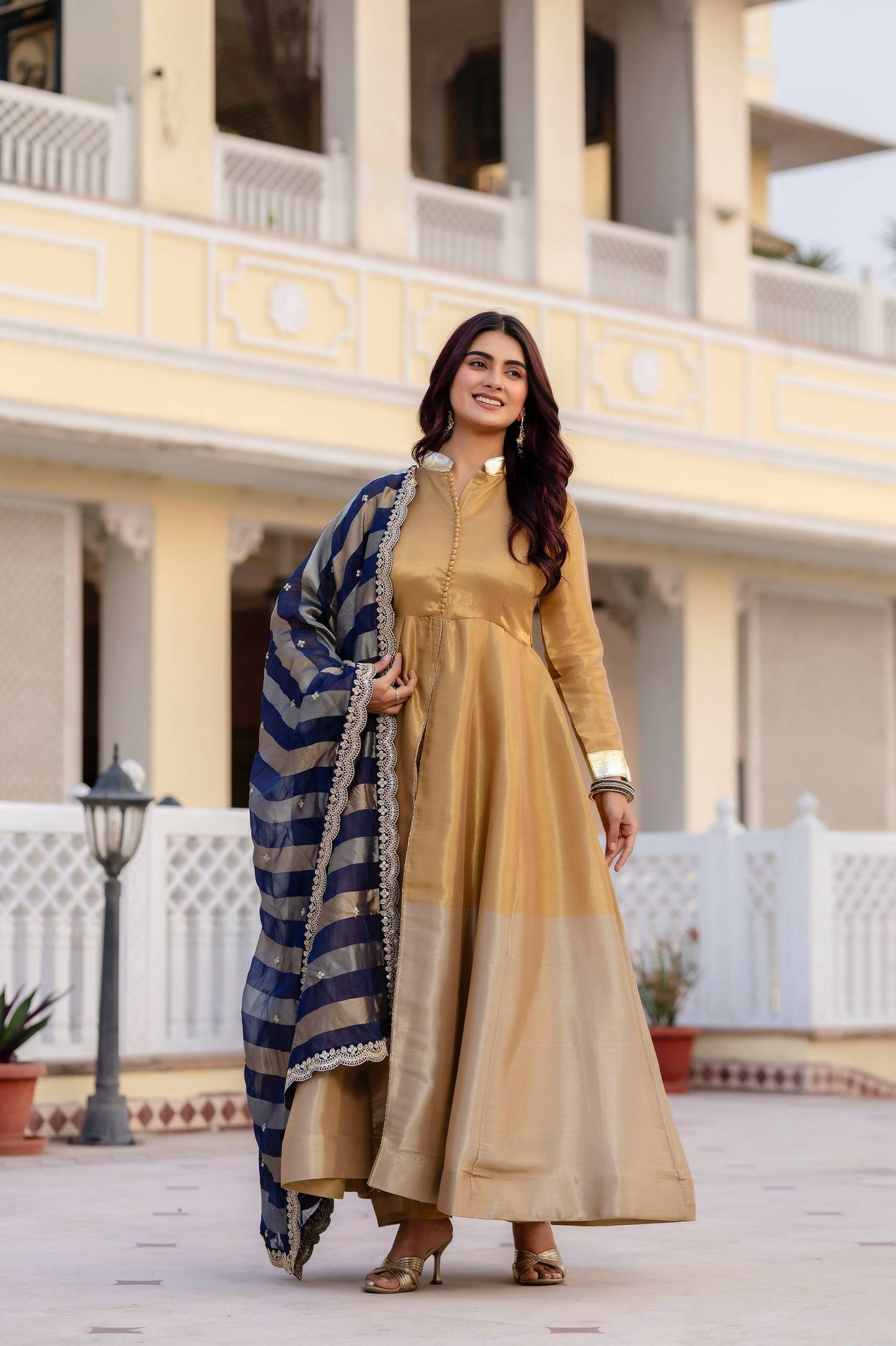 Teeya Creation Multi Color Pure Banarasi Viscose Wedding Wear Long Gown