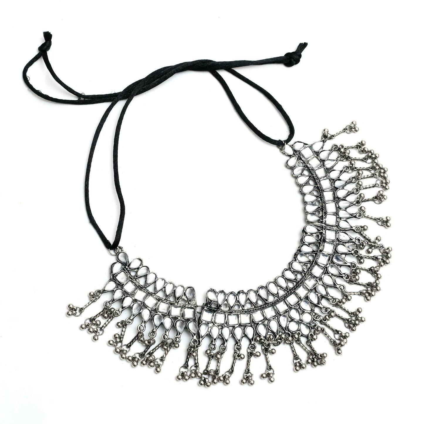 Mominos Fashion Johar Kamal Oxidised Silver-Plated Brass Finish Kundan Necklace For Women (Silver)