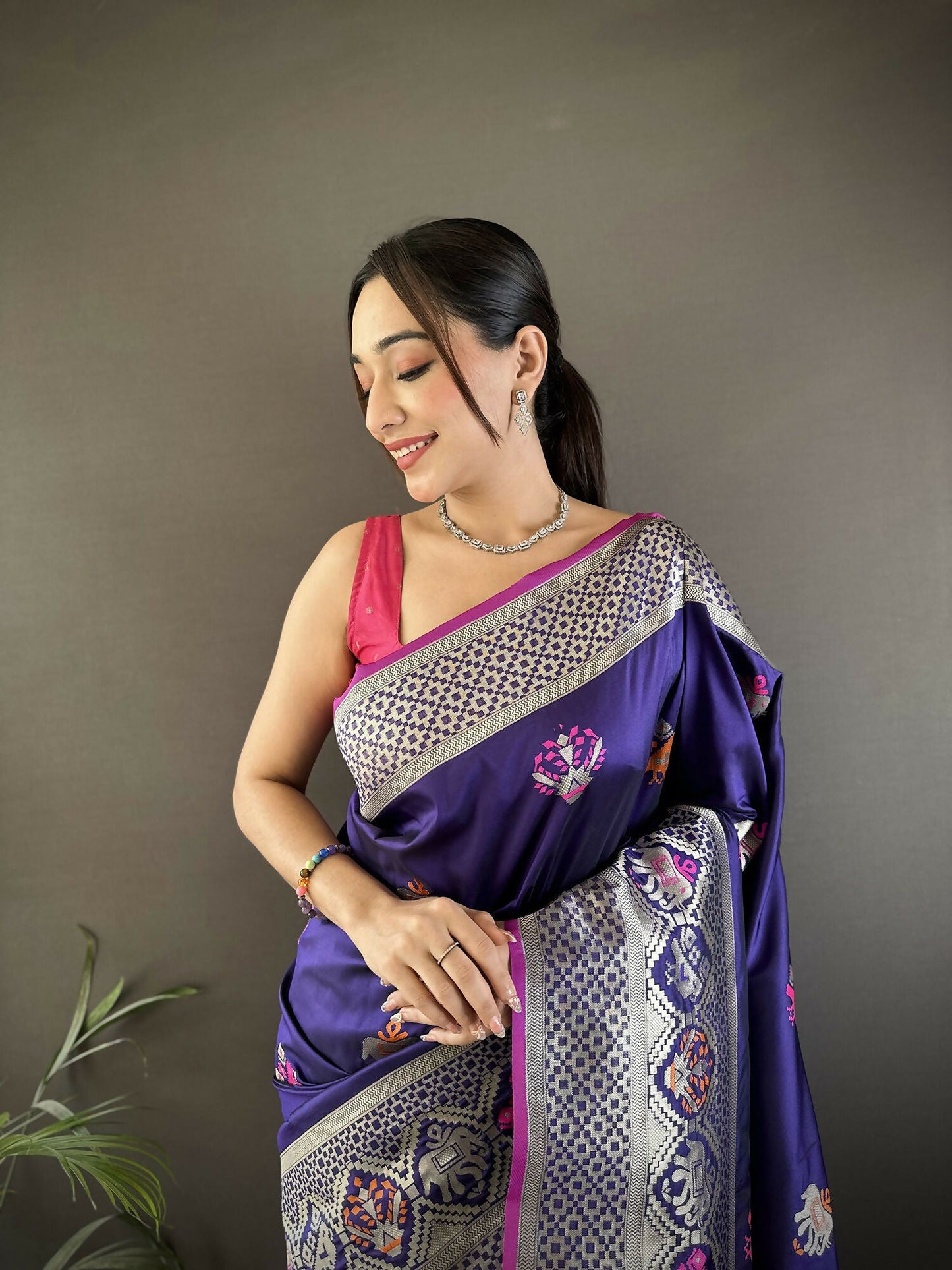 Joban Fashion Royal Blue Elephant & Floral Motifs Soft Lichi Silk Banarasi Saree