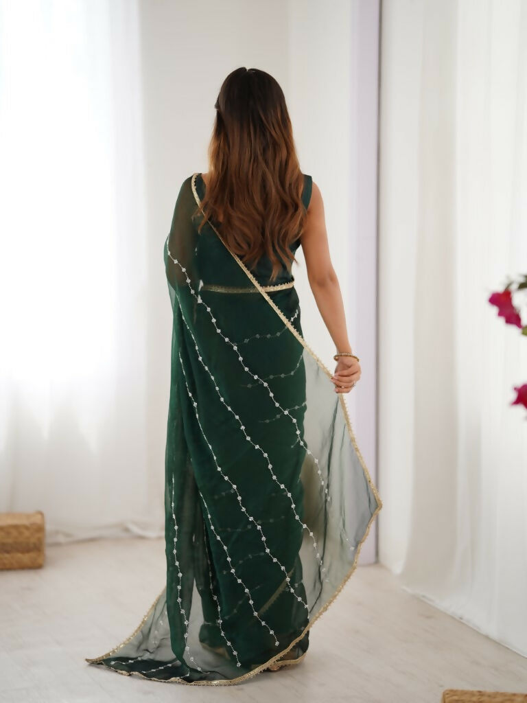 Green Sitara Chiffon Designer Beads Moti,Val Sequence Work Saree - Noorie