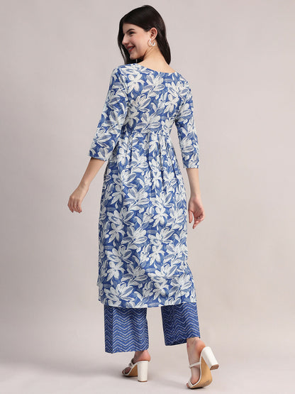 Aavyora Women's Blue Floral Printed Cotton Kurta with Chevron Pattern Palazzo Set