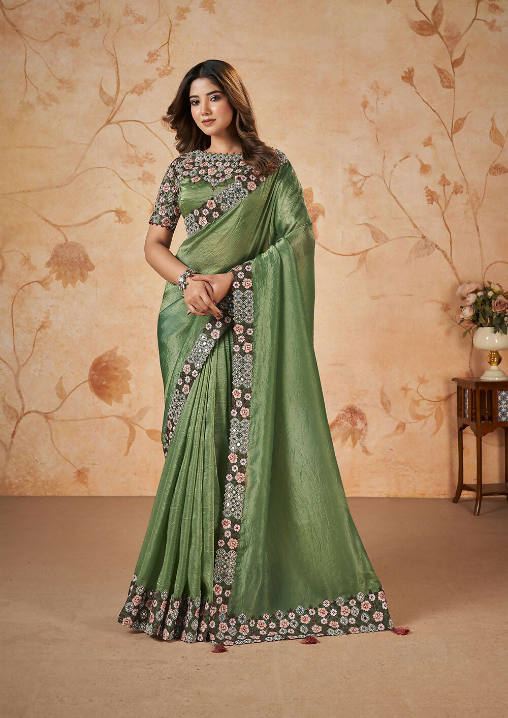 Green Banarasi Crush Silk Thread, Sequence, Cord Embroidered with Stone & Mirror Work Saree - Mohmanthan Dakshika
