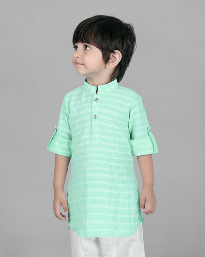 Joban Fashion Kids Island Cotton Full Sleeves Striped Kurta and Pyjama- Sea Green
