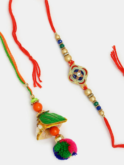 NVR Women & Men Set of 2 Multicolor Beaded Bhaiya Bhabhi Rakhi With Roli Chawal & Chocolate