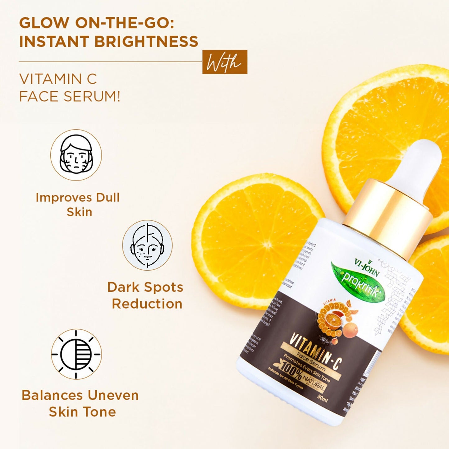 VI-JOHN Prakritik Vitamin C Face Serum Brightening, Anti-Aging & Glowing Skin, 100% Bio-Actives