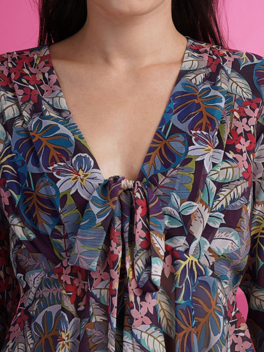 Sangria Blue Floral Printed V-Neck Bell Sleeve Georgette A-Line Top