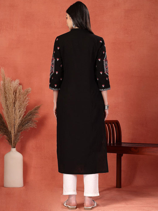 Sangria Floral Embroidered Thread Work Mandarin Collar Pure Cotton Straight Kurta