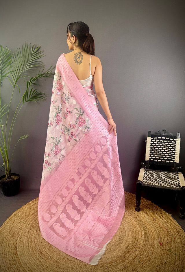 Elora Baby Pink Silk Floral Motifs Coppery Tone Contrast Floral Border Banarasi Saree