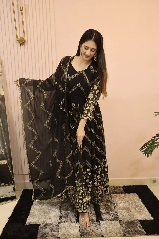 Fox Georgette With Embroidery Work With Full Sleeve Gown Bottom Dupatta Set