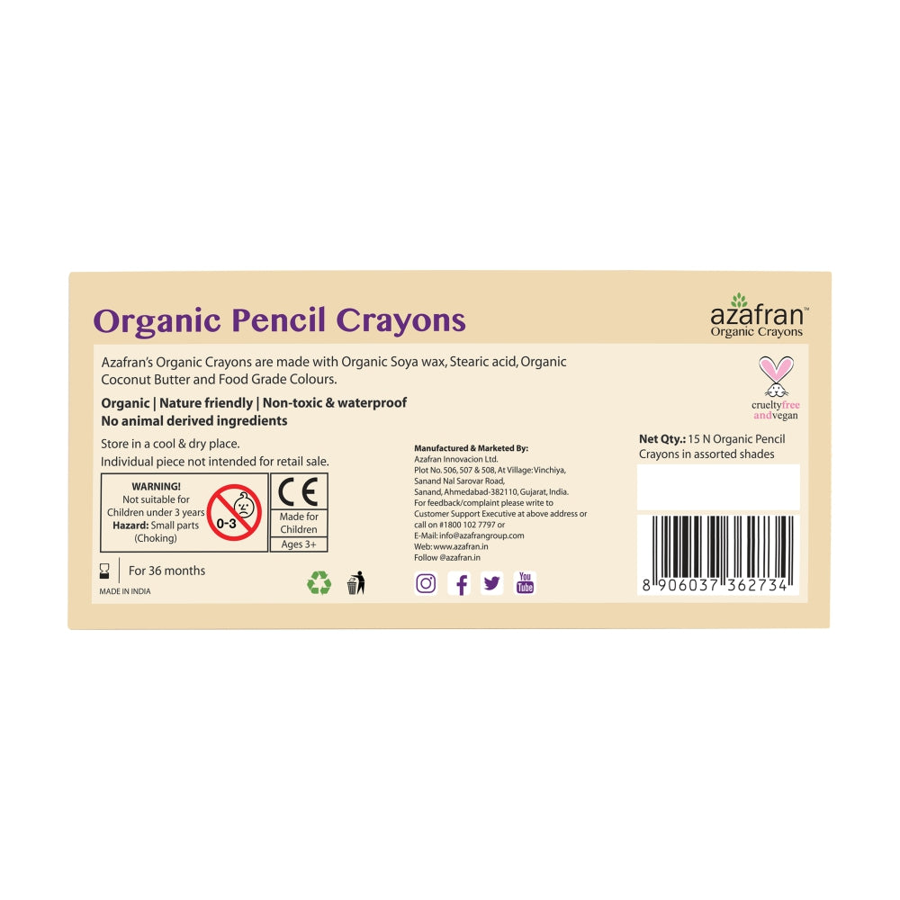 Azafran Organic Pencil Crayons (15 colors) - 97.5 gms
