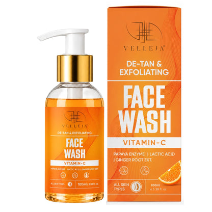 Velleja De-Tan & Exfoliating Face Wash | Vitamin C Tan Removal & Brightening Face Cleanser