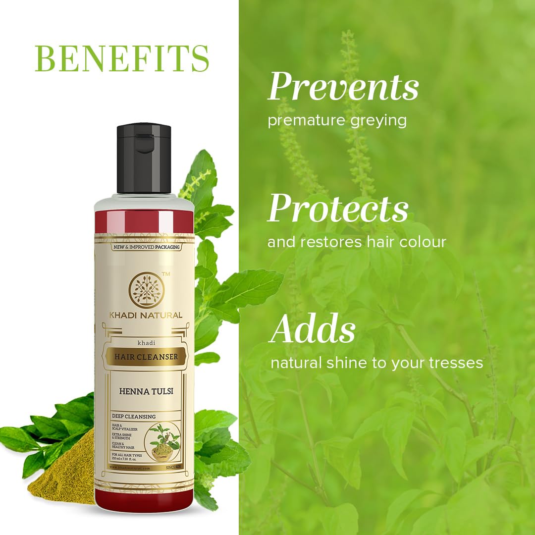 Khadi Natural Henna Tulsi For Anti Dull Damage Hair Fall soft & Smooth control Hair Cleanser shampoo -210ml - By Unified Collection (Henna Tulsi shampoo)