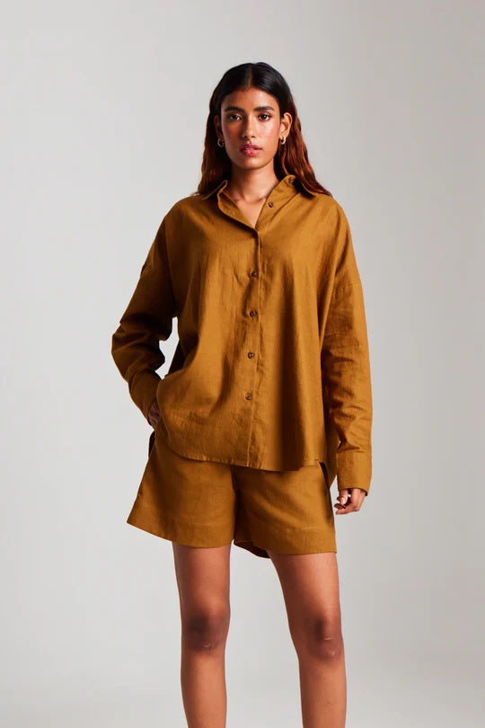Olive Co-Linen Classic Shirt Set