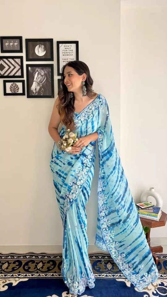 Soft Crush Multi Color Print Georgette Sari & Blouse