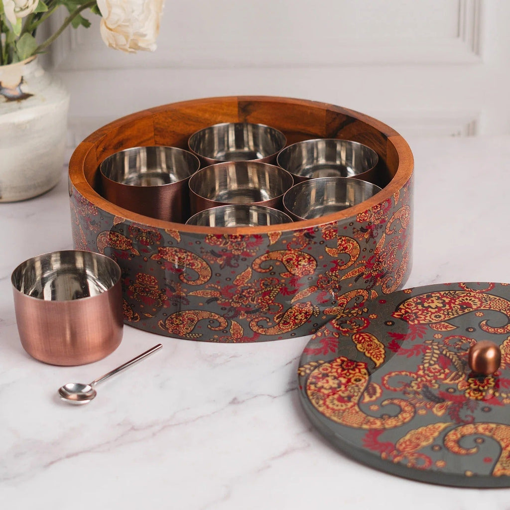 Nestroots Allure Teak Wood Masala Box Grey Enamel with 7 Stainless Steel Jars