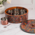 Nestroots Allure Teak Wood Masala Box Grey Enamel with 7 Stainless Steel Jars