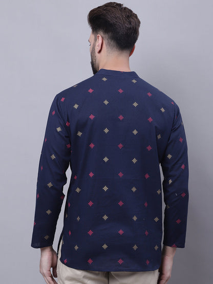Even Apparels Blue Pure Cotton Short Kurta With Band Collar