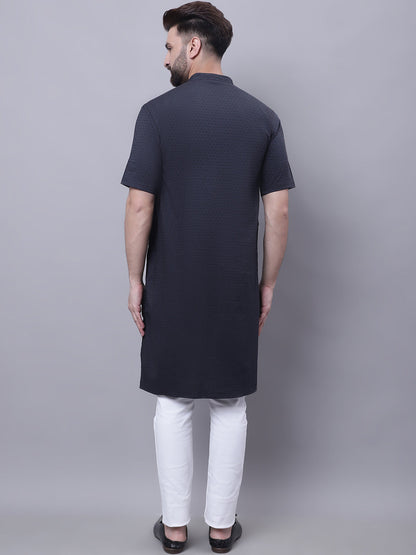 Even Apparels Black Pure Cotton Short Sleeves Kurta With Band Collar