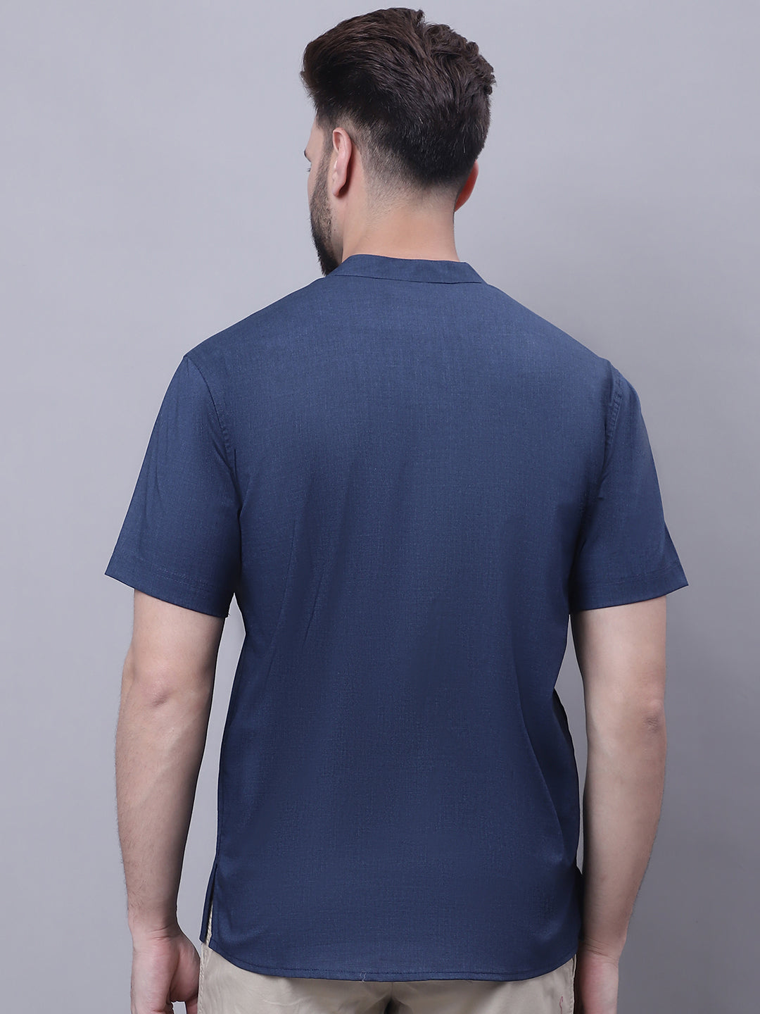 Even Apparels Blue Pure Cotton Short Kurta With Band Collar