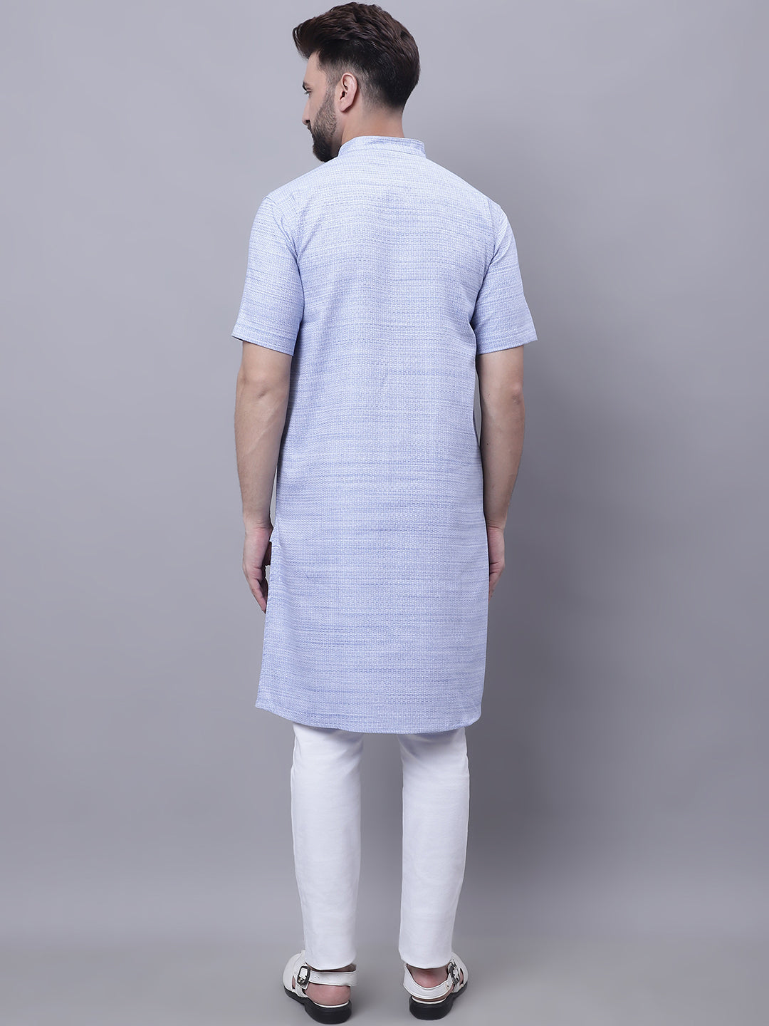 Even Apparels Blue Pure Cotton Short Sleeves Kurta With Band Collar