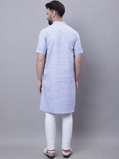 Even Apparels Blue Pure Cotton Short Sleeves Kurta With Band Collar