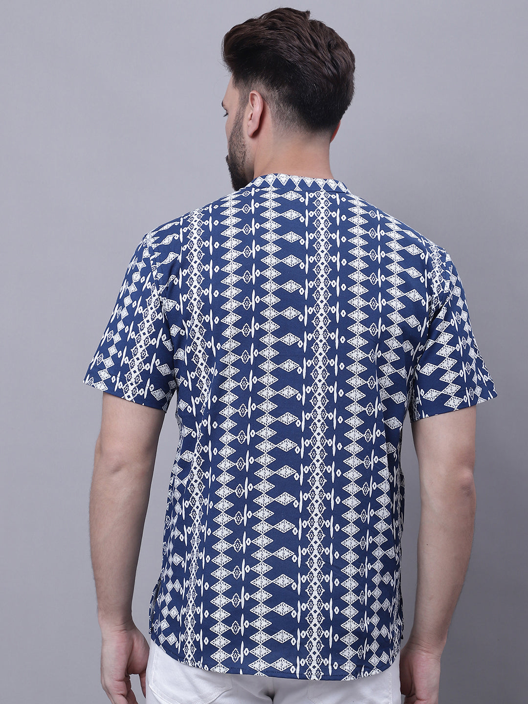 Even Apparels Blue Pure Cotton Short Kurta With Band Collar