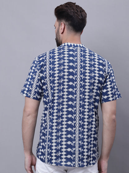 Even Apparels Blue Pure Cotton Short Kurta With Band Collar