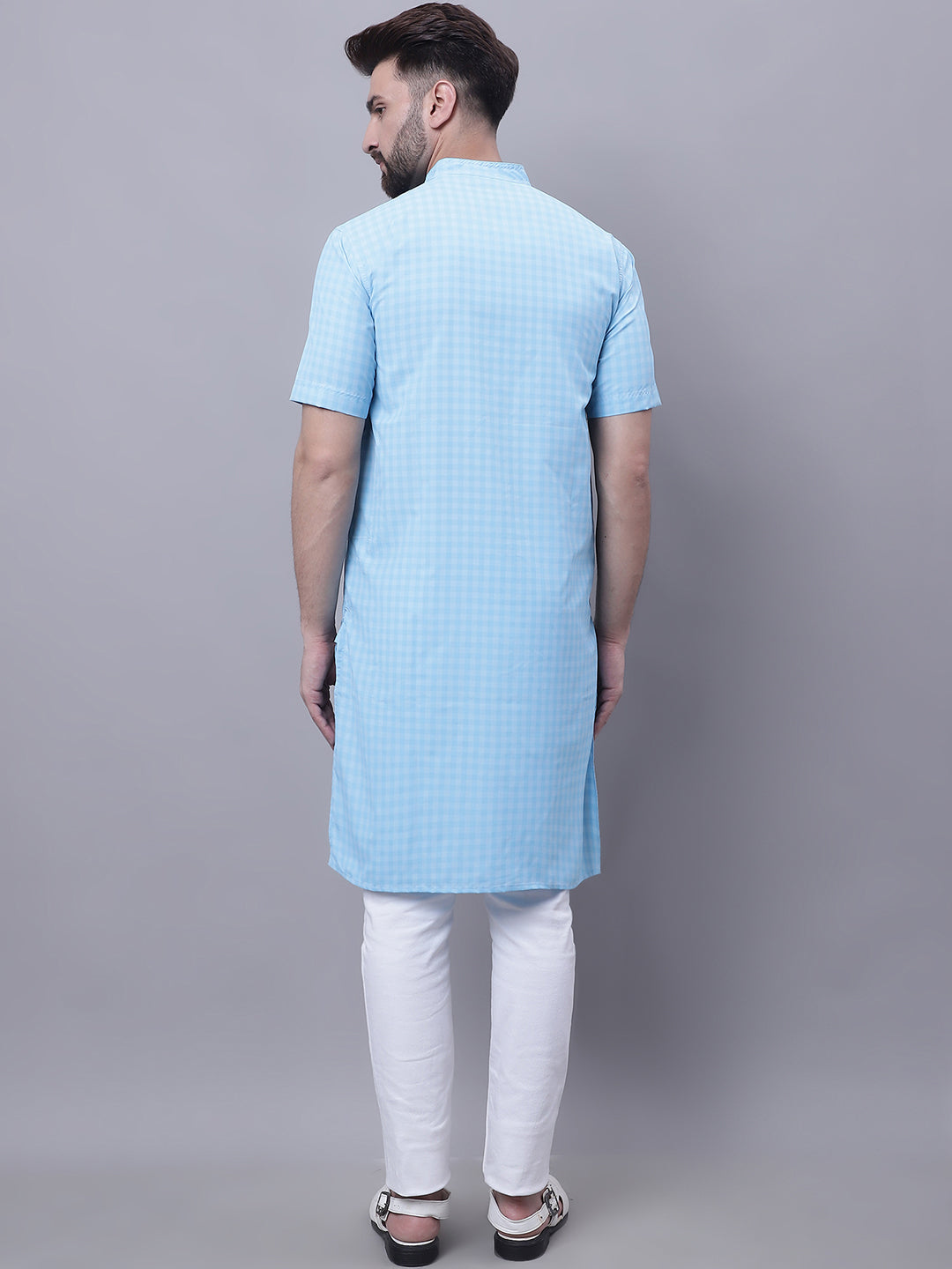 Even Apparels Blue Pure Cotton Short Sleeves Kurta With Band Collar