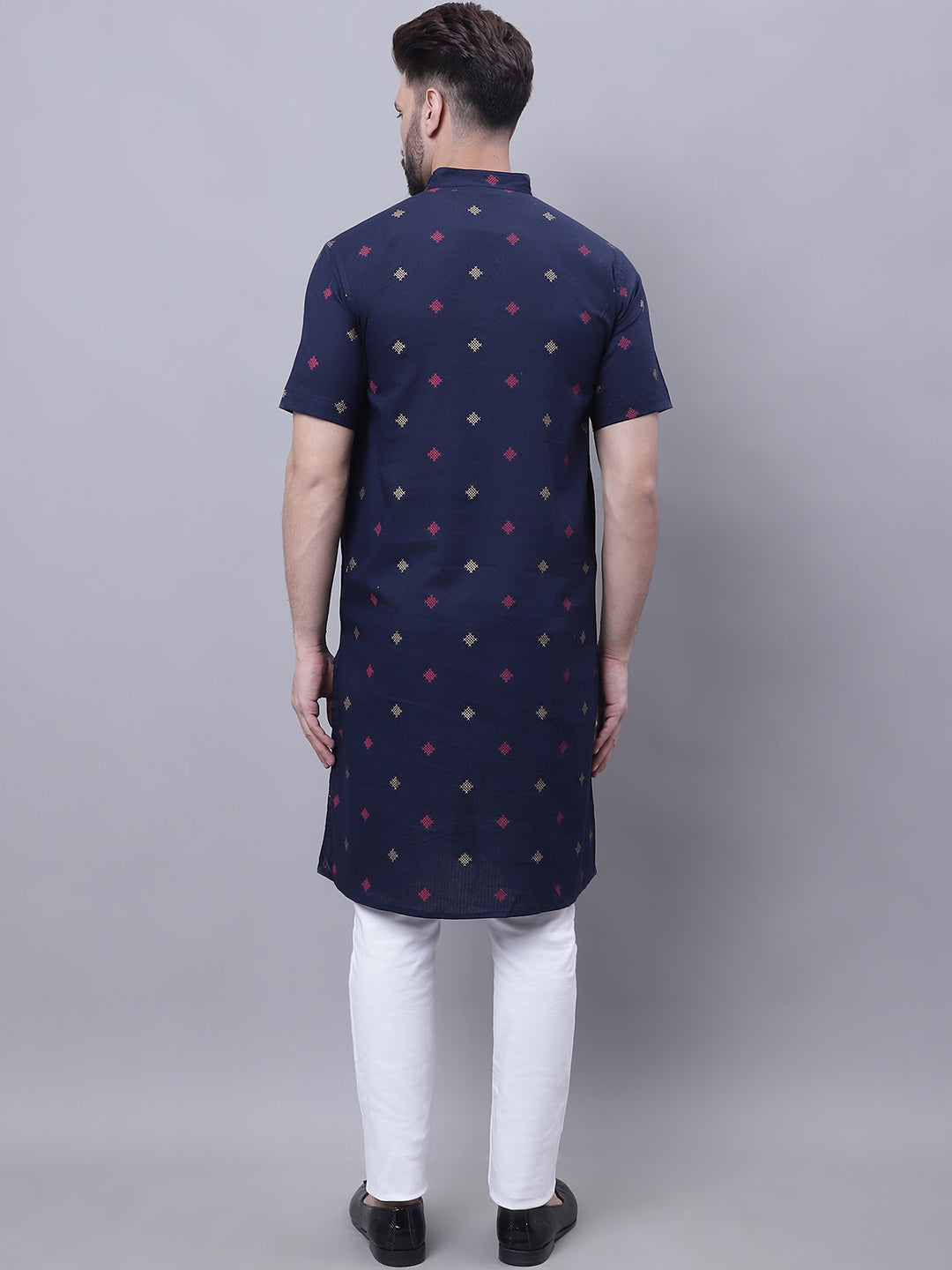 Even Apparels Blue Pure Cotton Short Sleeves Kurta With Band Collar