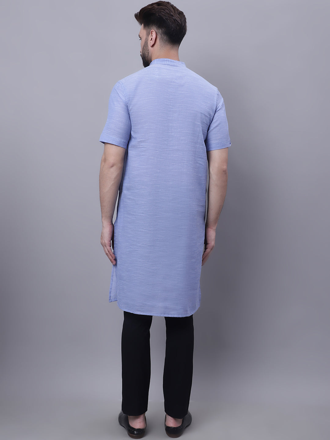 Even Apparels Blue Pure Cotton Short Sleeves Kurta With Band Collar