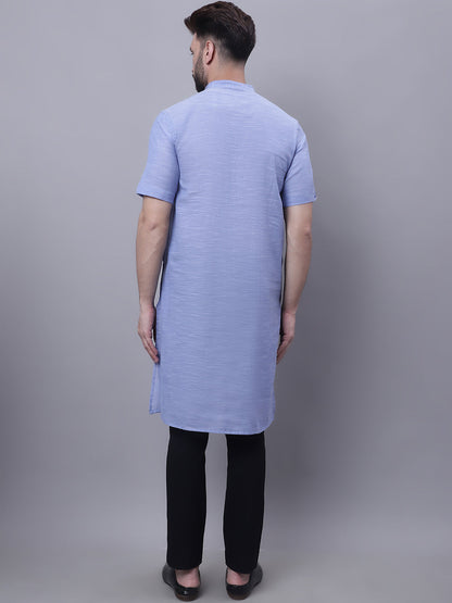 Even Apparels Blue Pure Cotton Short Sleeves Kurta With Band Collar