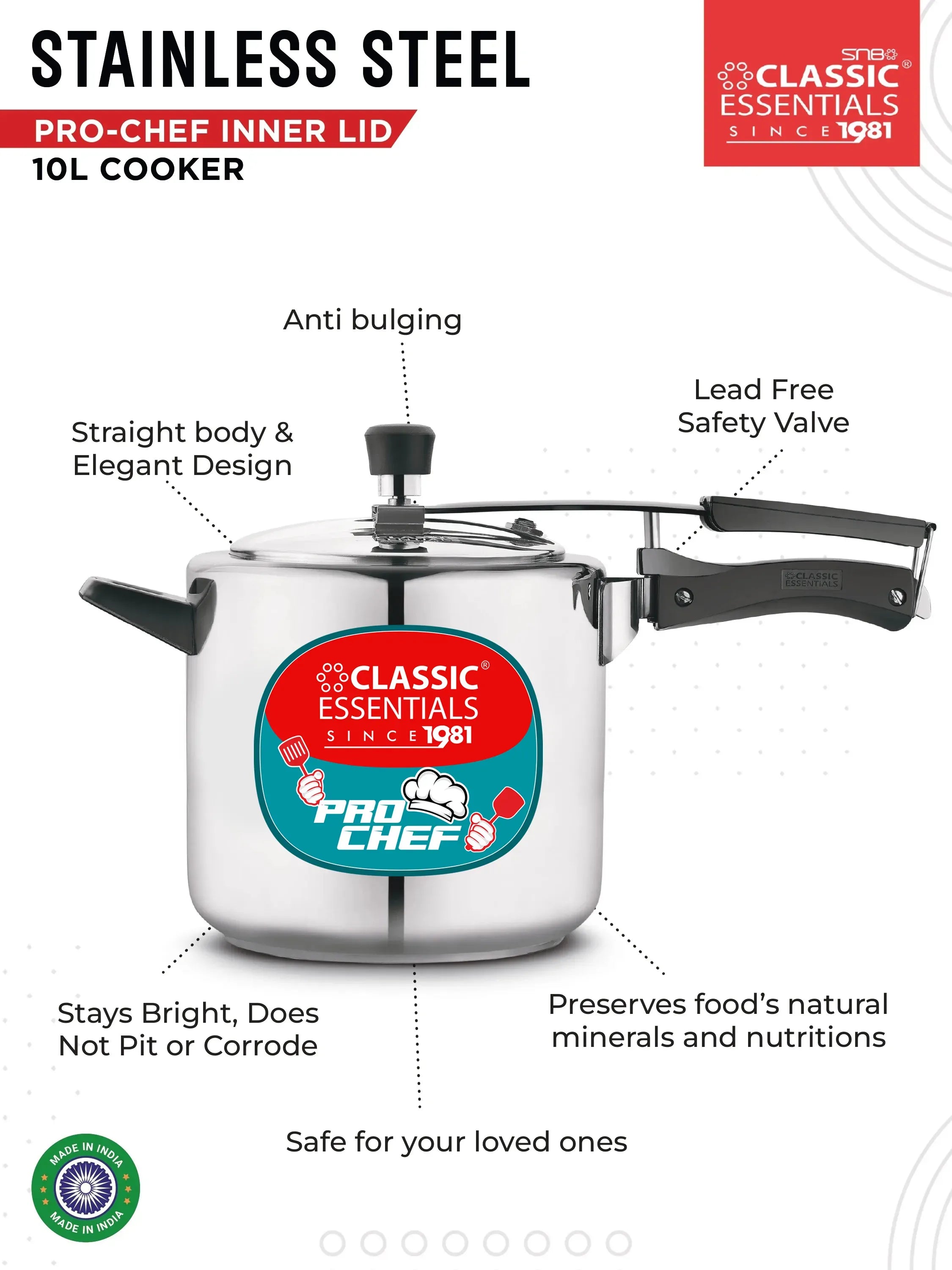 Classic Essentials Pro Chef Stainless Steel Pressure Straight Cooker Induction Base