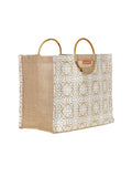 Jute Cottage Mughal Print Lunch Bag Cane Handle 100% Genuine Jute Bag